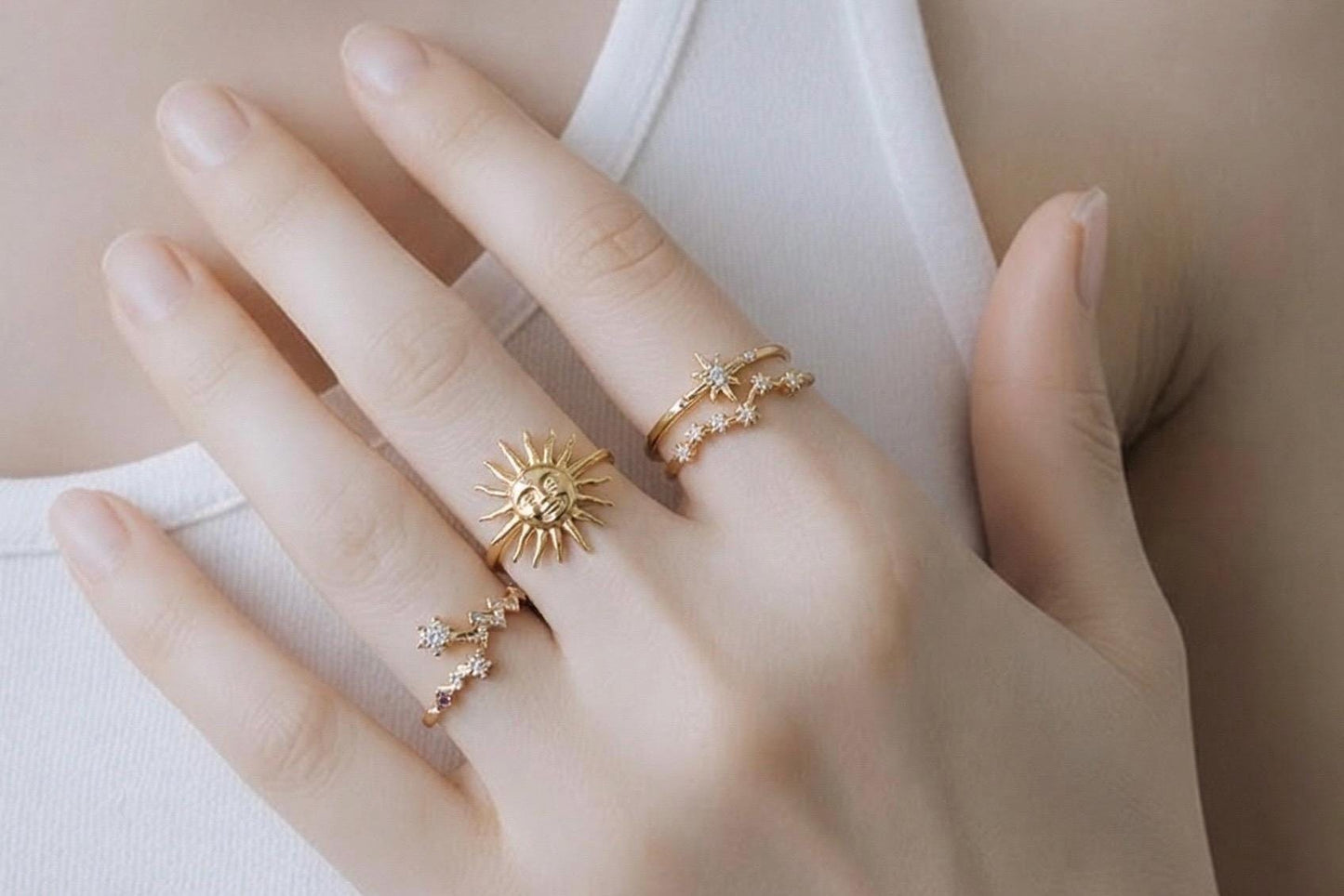 Star Ring Adjustable Gold Plated Ring – Cubic Zirconia Celestial Jewelry