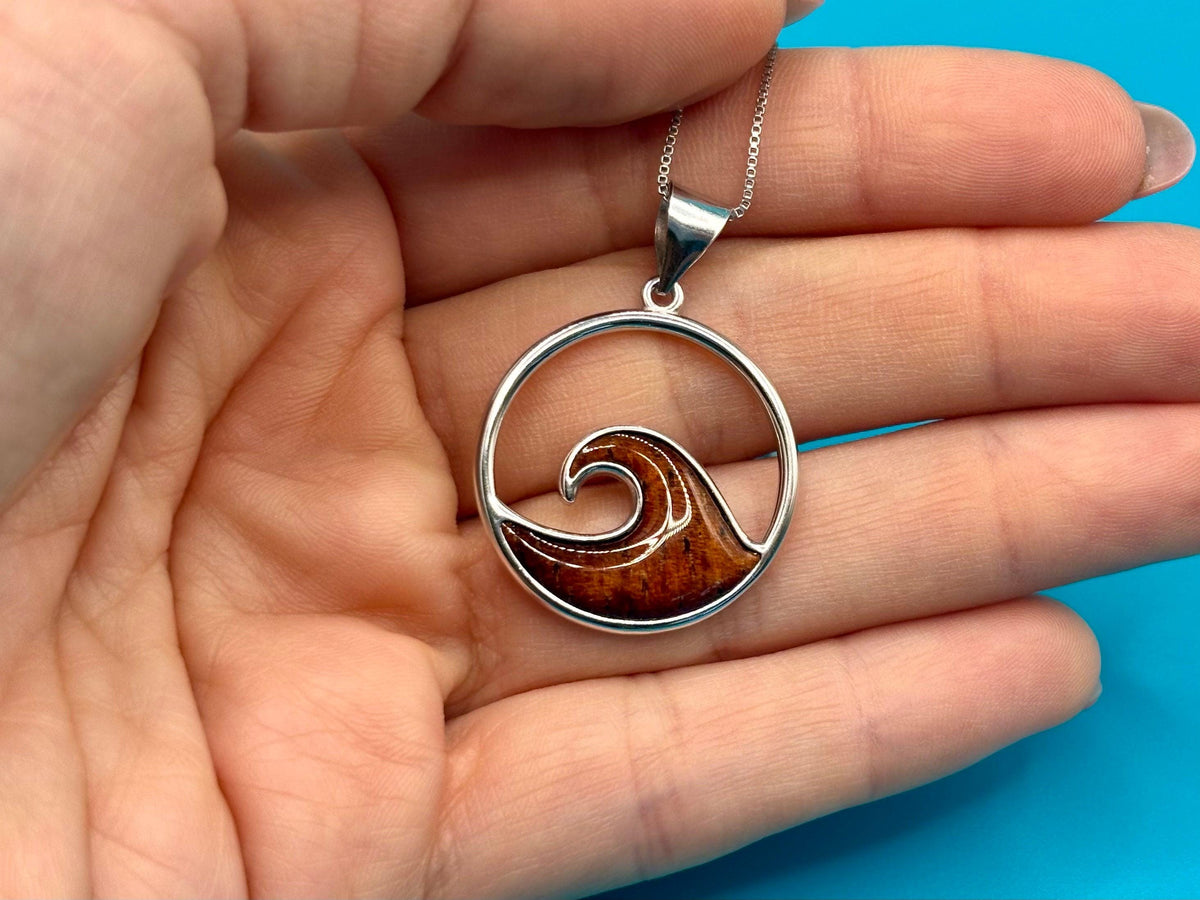 Koa Wood Wave Necklace, Rhodium Plated Sterling Silver, Hawaii, ocean, gift, nontarnish – handmade Hawaiian jewelry, Island Goddess Jewelry