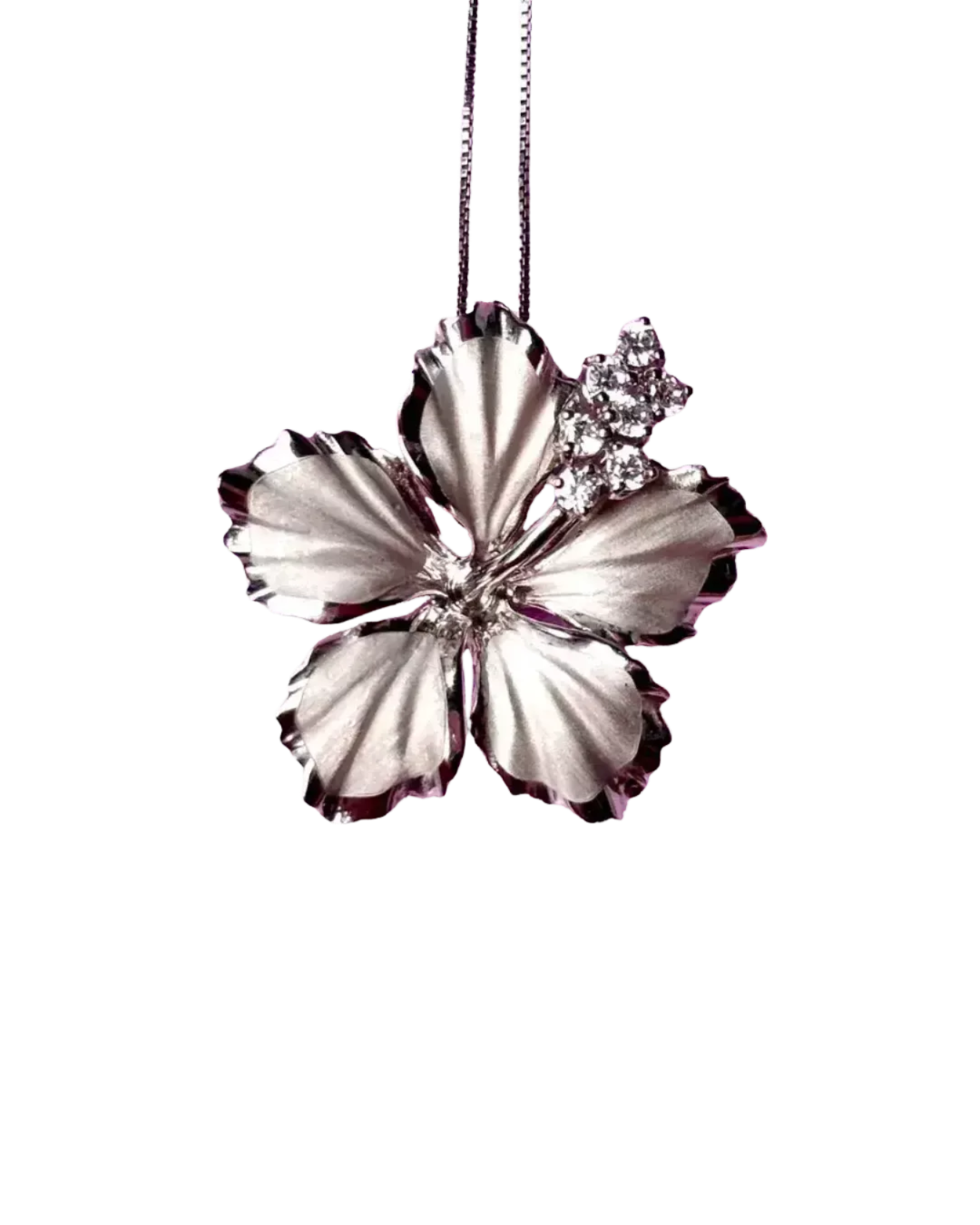 A silver-colored pendant necklace with a large, intricately designed flower-shaped pendant and small, clear gemstones.