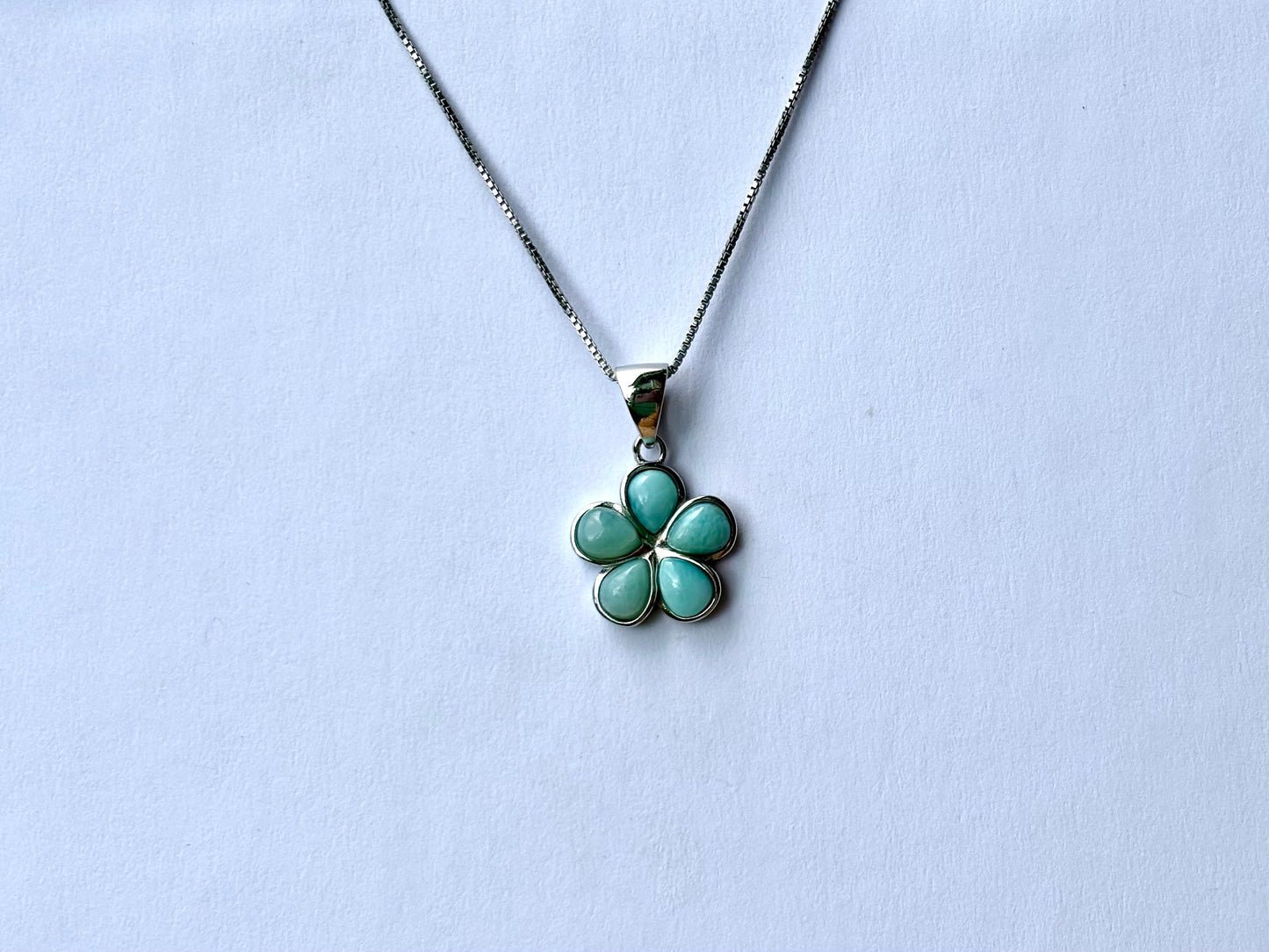 Hawaiian Plumeria Flower 925 Sterling Silver Tarnish Free blue Larimar ocean Necklace and chain Gift Wife daugther Mom Girlfriend sister