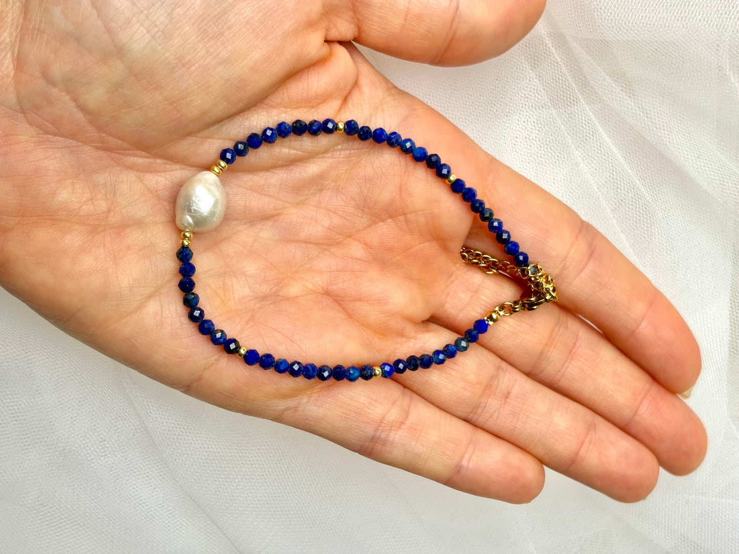 Healing Crystal December Birth Stone Bracelet Genuine Freshwater White Pearl Lapis Lazuli Bracelet Adjustable Tarnish Free Cute Gift For Her