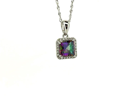 Mystic Topaz Diamond Pendant 14K White Gold 1.28 Carat - Rainbow Necklace, Dainty Necklace Charm , Birthday Gift for Her Gift For Mom