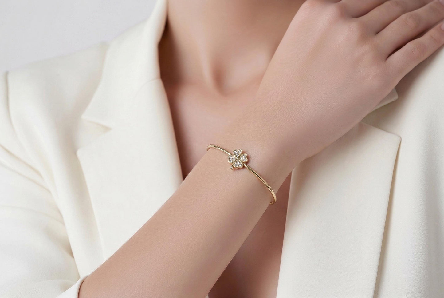 Four Leaf Clover Bracelet – Adjustable Gold Plated Stackable Jewelry With Cubic Zirconia