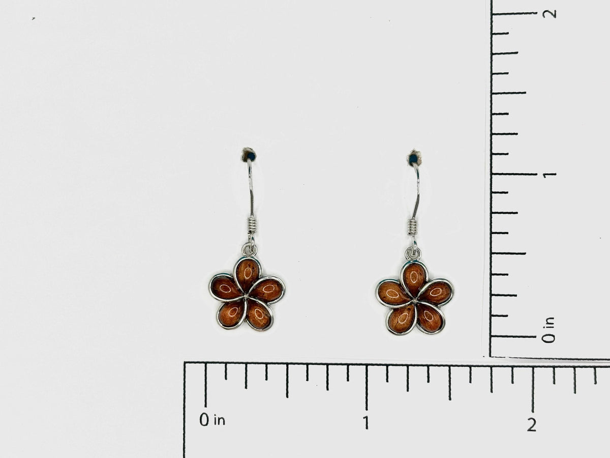 Koa Wood Plumeria Earrings, Hawaiian Sterling Silver Dangle Gift, ball, chain, nontarnish – handmade Hawaiian jewelry, Island Goddess Jewelry