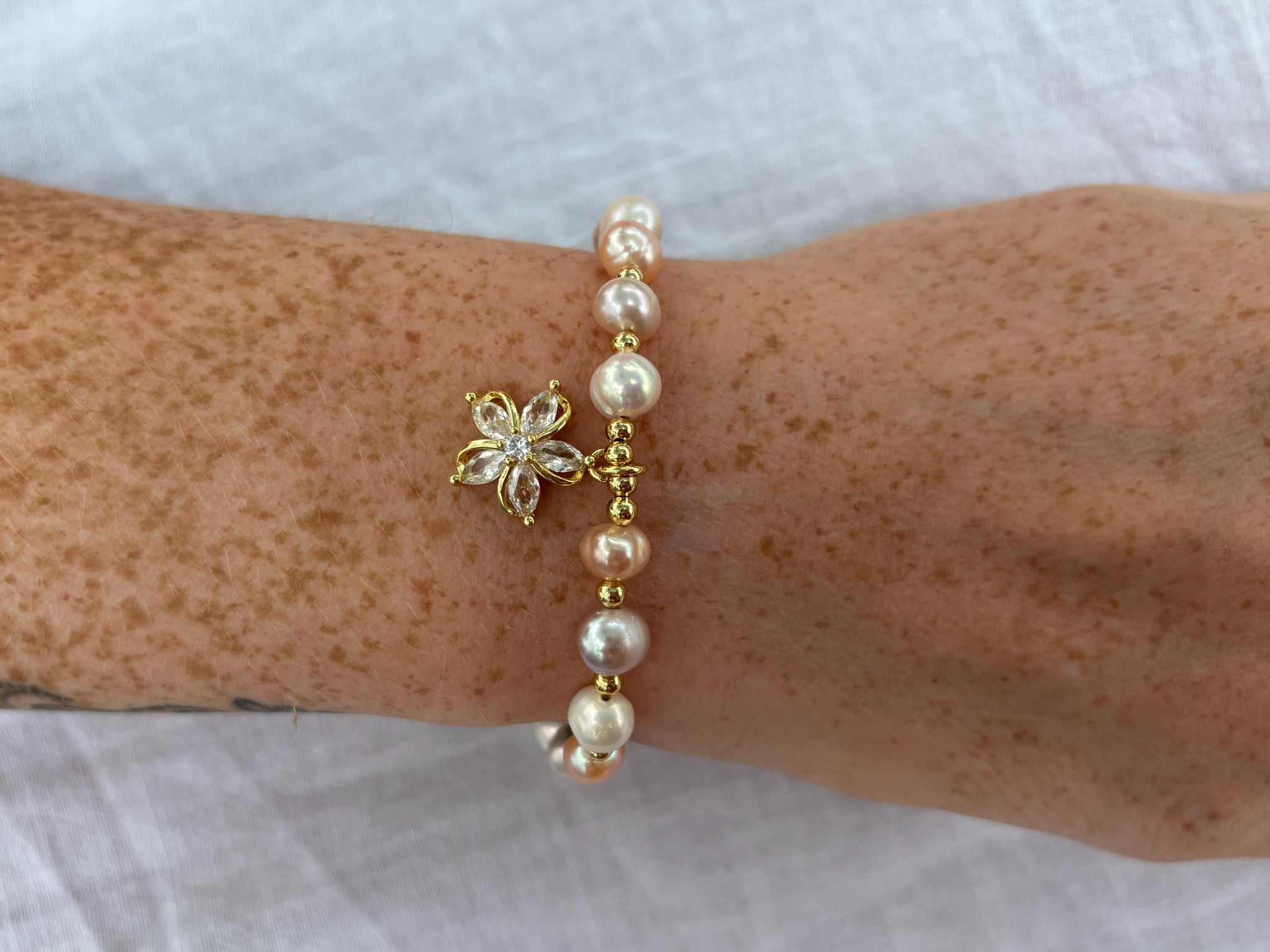 Tri-Color Pearl Bracelet with Flower Charm