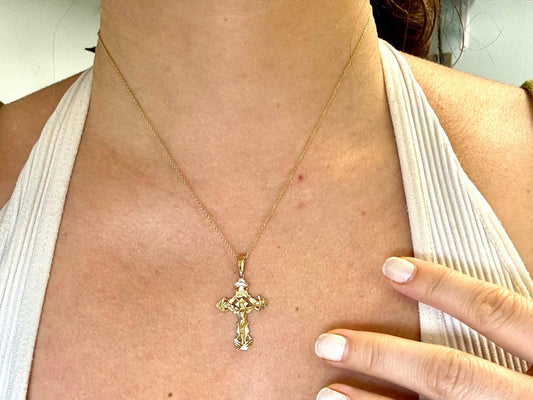 14K Solid Yellow Gold Cross Necklace Jesus Christ Pendant Giant Elegant Christian Gift for her Chritian Gift for Wife Christmas Gift