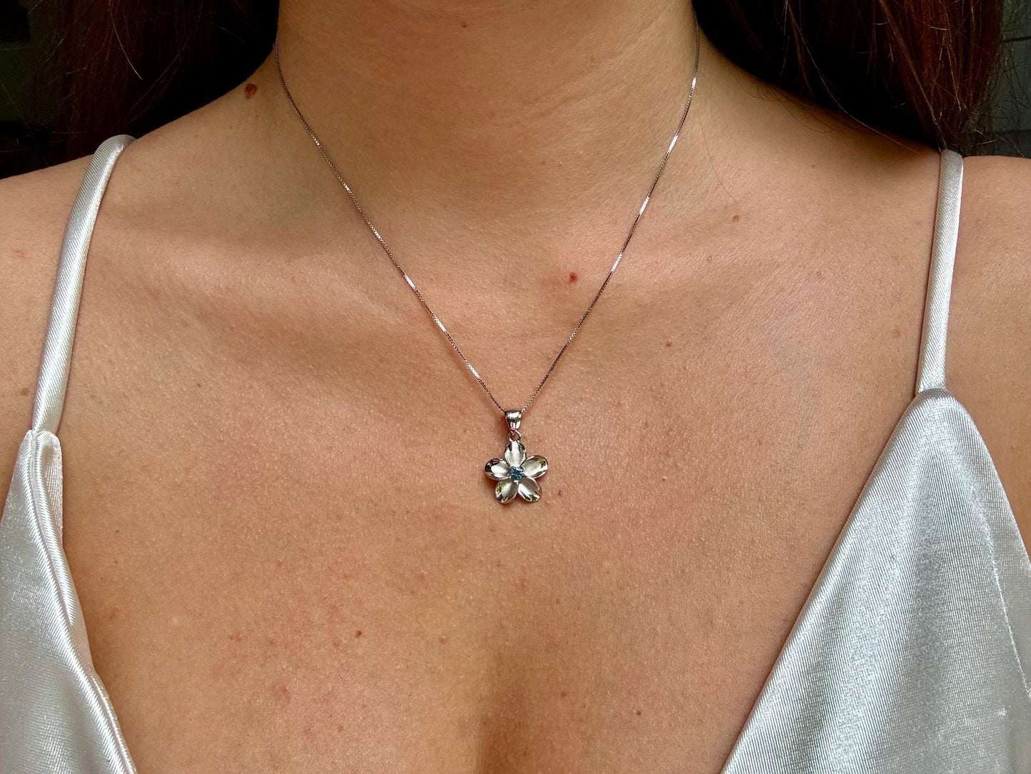 Hawaiian Plumeria Flower Blue Topaz 925 Sterling Silver Waterproof Plated Necklace w chain Cute Gift Wife Romantic Mom Girlfriend Stone