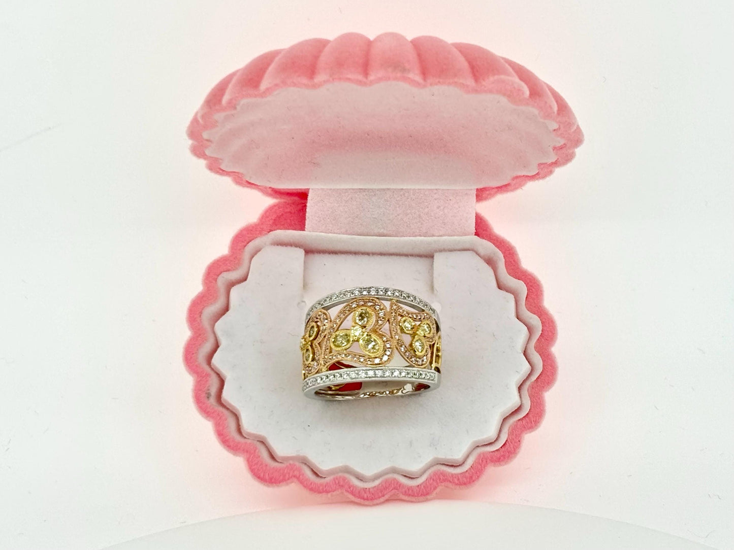 18K Solid Gold Heart Ring with Yellow and White Diamonds