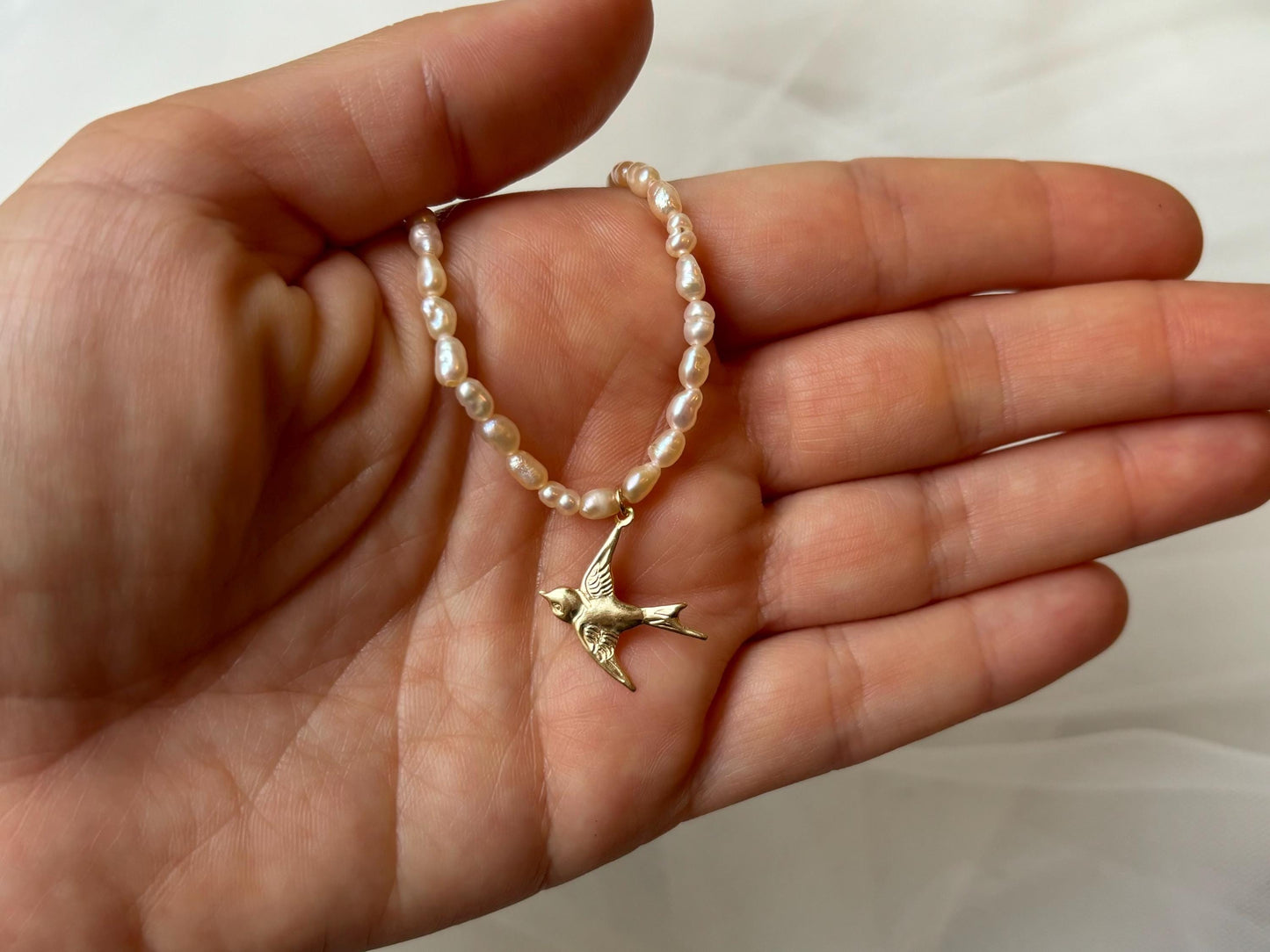 Gold Bird Necklace Genuine Freshwater White Pearl Necklace Birthday Gift for Girlfriend Nature Inspired Gold Filled Dainty Gift For Her