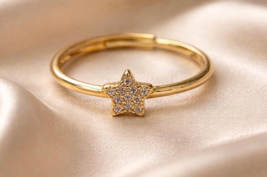 Star Ring Adjustable Gold Plated Stainless Steel Ring With Cubic Zirconia Sparkle