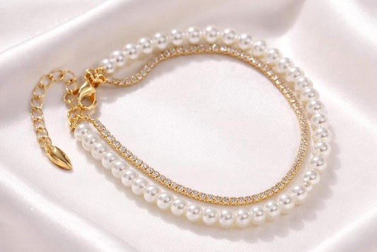 Dainty Pearl Tennis Bracelet – Adjustable Gold Stackable Bracelet with Cubic Zirconia Sparkle
