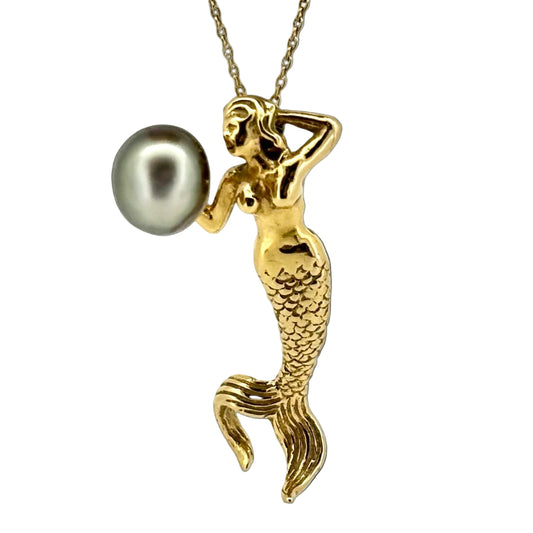 The Siren’s Pearl – 14K Gold Mermaid Pendant with Tahitian Black Pearl