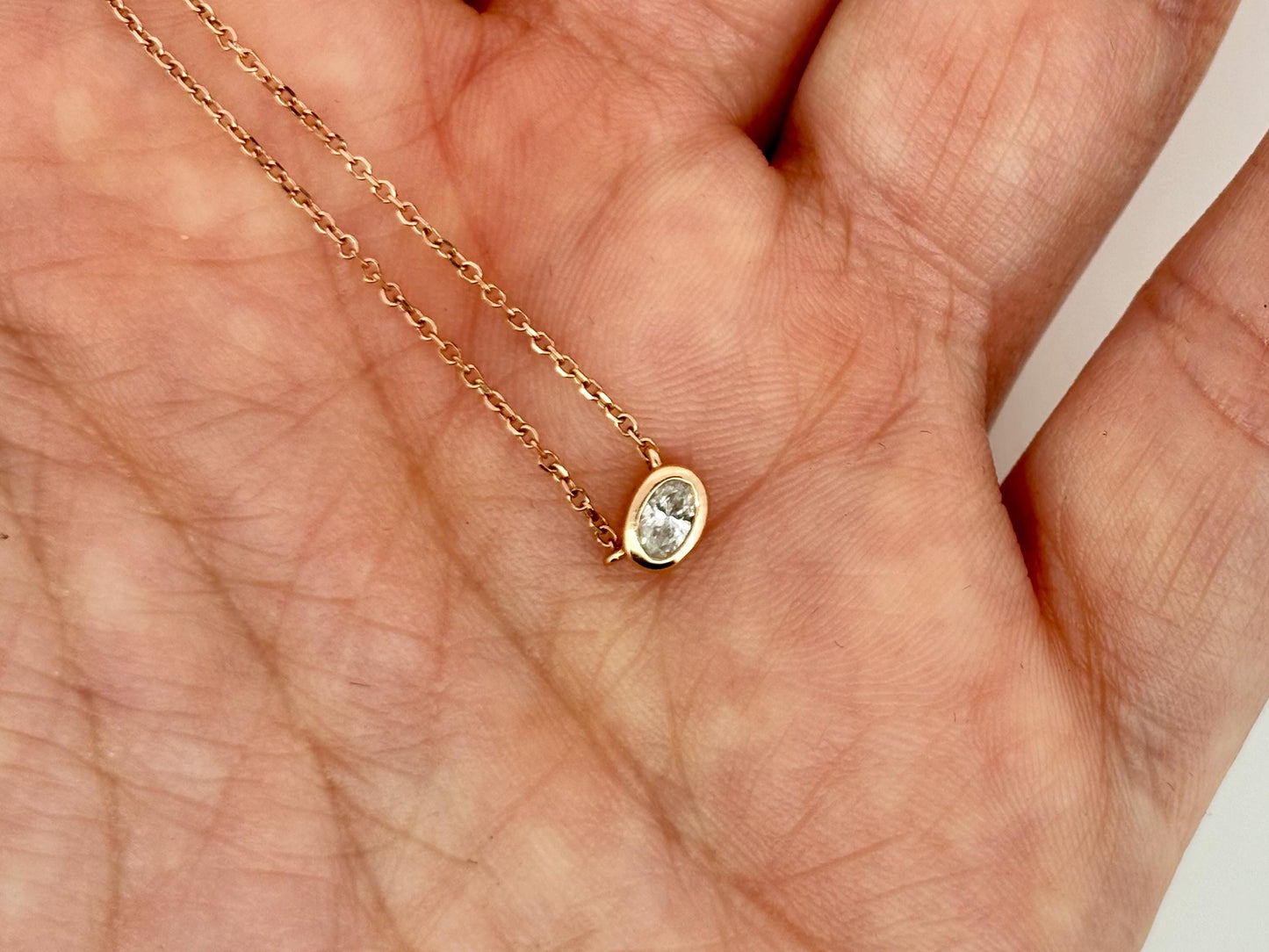 14K Rose Gold Oval Diamond Necklace, 0.10ct Solitaire, 18 Inch Chain, Dainty Minimalist Jewelry, Genuine Diamond Gift for Her