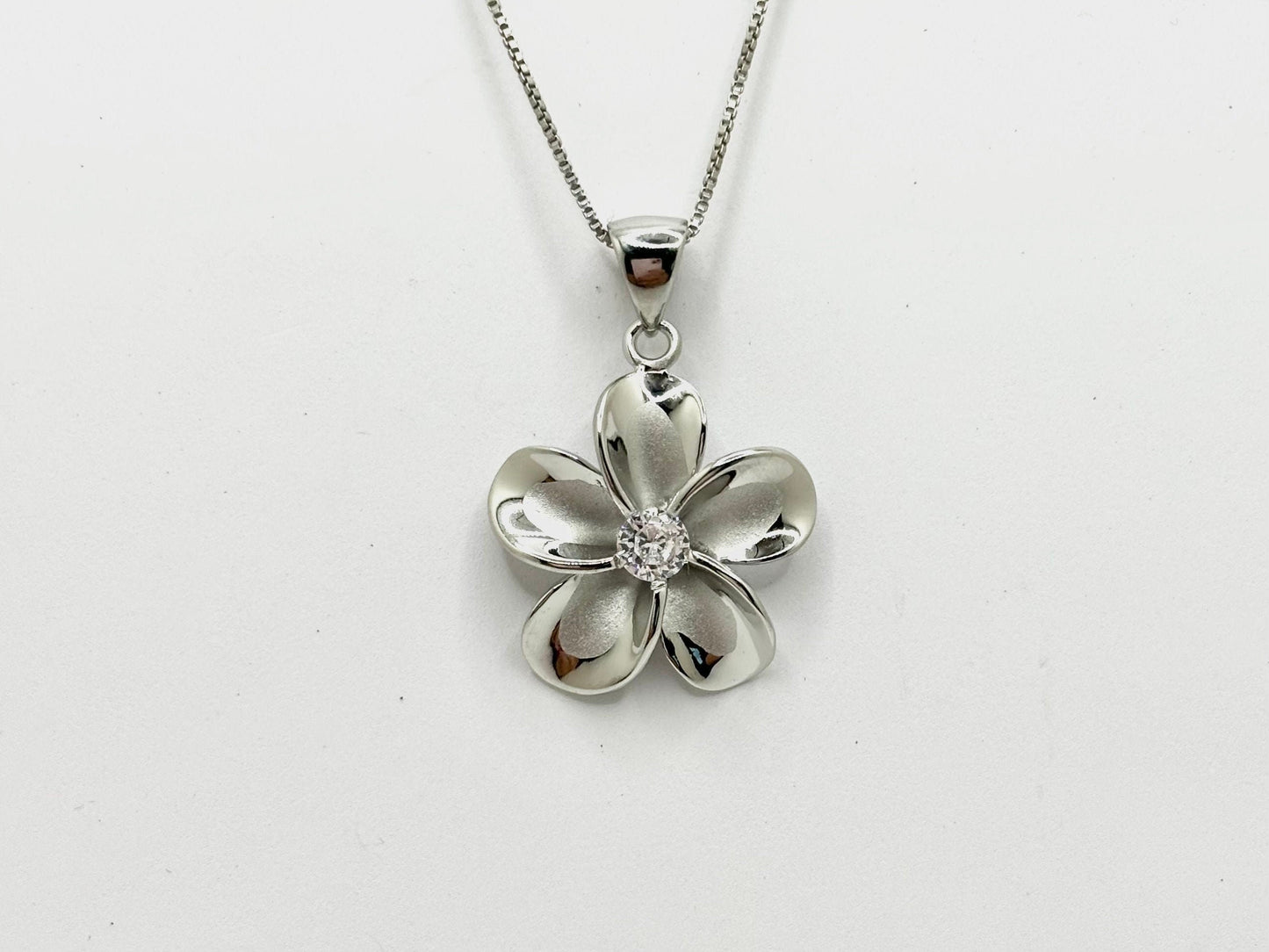 Hawaiian Plumeria Flower Necklace Tarnish Free Sterling Silver with Sparkling CZ Stone Romantic Jewelry Gift for her Wife, Mom Girlfriend