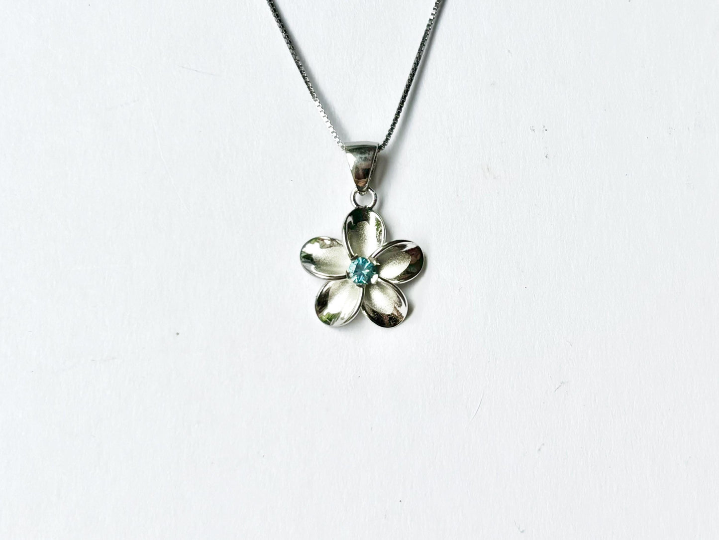 Hawaiian Plumeria Flower Blue Topaz 925 Sterling Silver Waterproof Plated Necklace w chain Cute Gift Wife Romantic Mom Girlfriend Stone