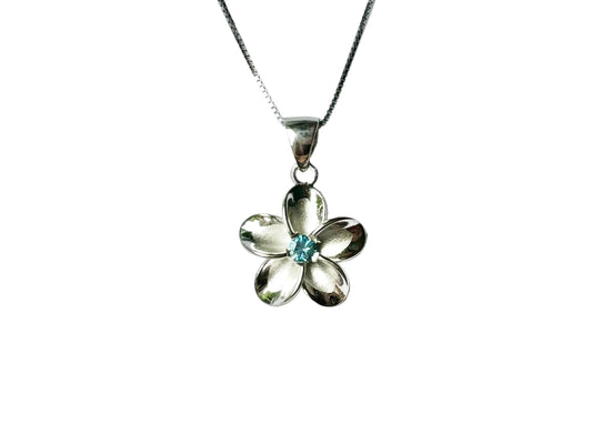 Plumeria Flower Necklace – Sterling Silver Pendant with Blue Topaz Jewelry Gift