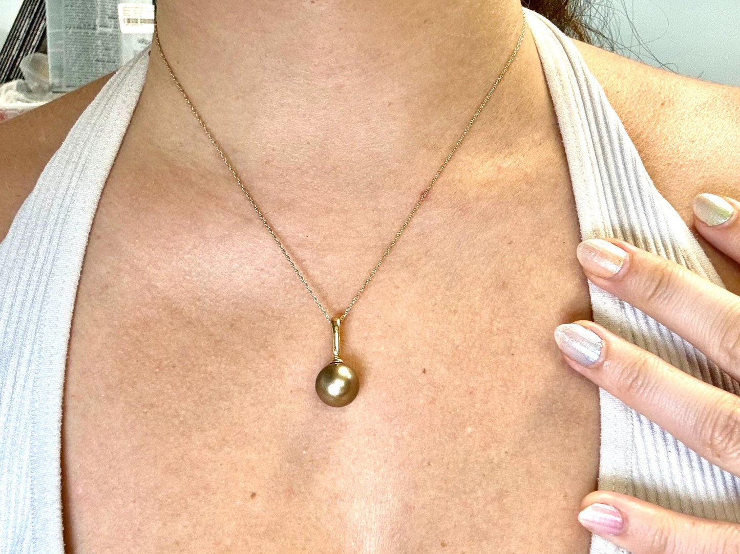 Genuine Natural Tahitian Pearl Necklace Pearl Pendant with 14K Gold Enhancer Black Pearl Necklace Birthday Gift for Her Gift for Mom