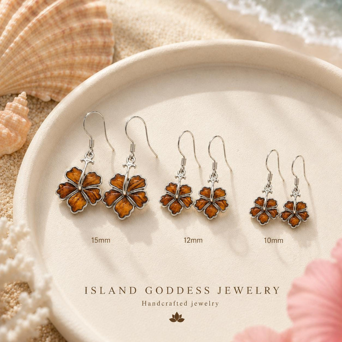 Koa Wood Hibiscus Earrings | Sterling Silver Dangle, Hawaii Jewelry, hawaiian, chain, flower – handmade Hawaiian jewelry, Island Goddess Jewelry