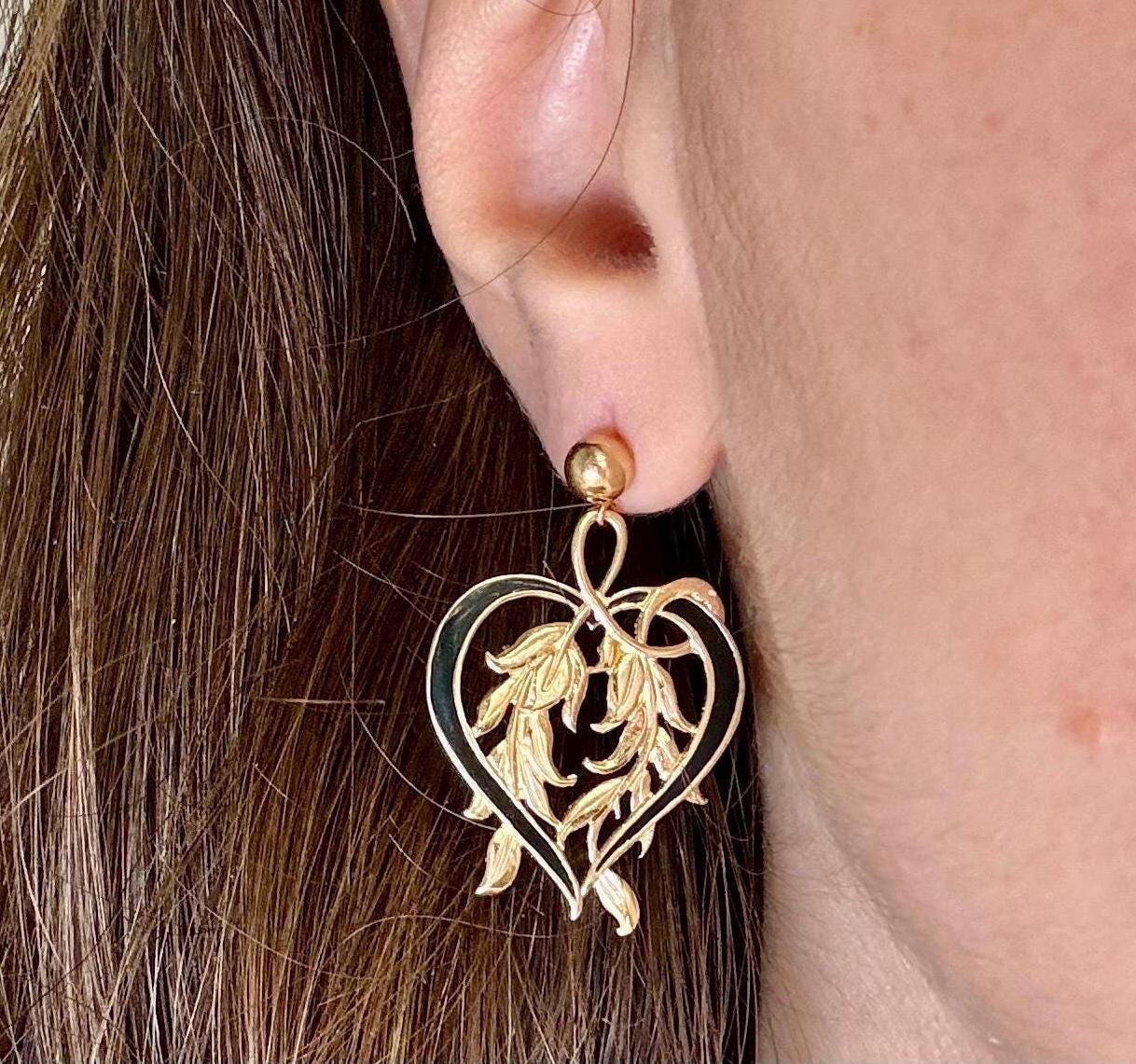 14K Solid Gold Heart Earrings Flower Earrings Hawaiian Plant Earrings Gold Earrings Birthday Gift for her Gift for Mom Gift for Girlfriend