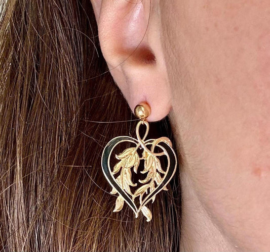 14K Solid Gold Heart Earrings Flower Earrings Hawaiian Plant Earrings Gold Earrings Birthday Gift for her Gift for Mom Gift for Girlfriend