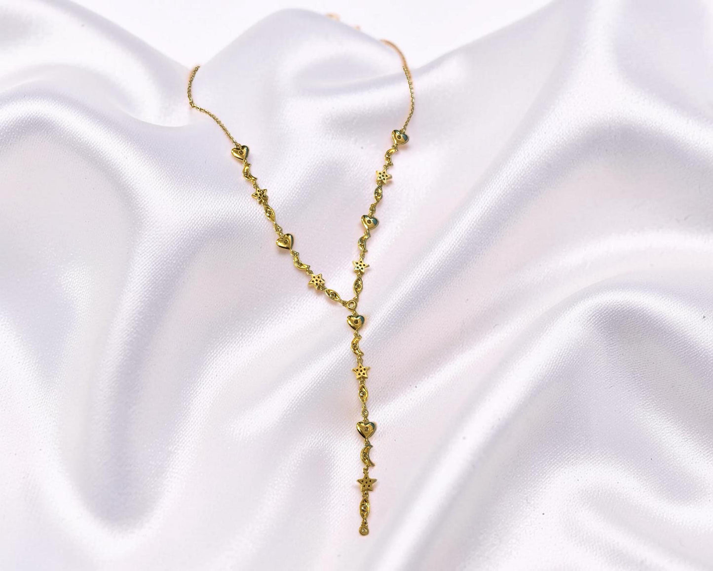 Celestial Necklace 14K Gold Plated Y-Lariat Chain With Moon Star Pendant