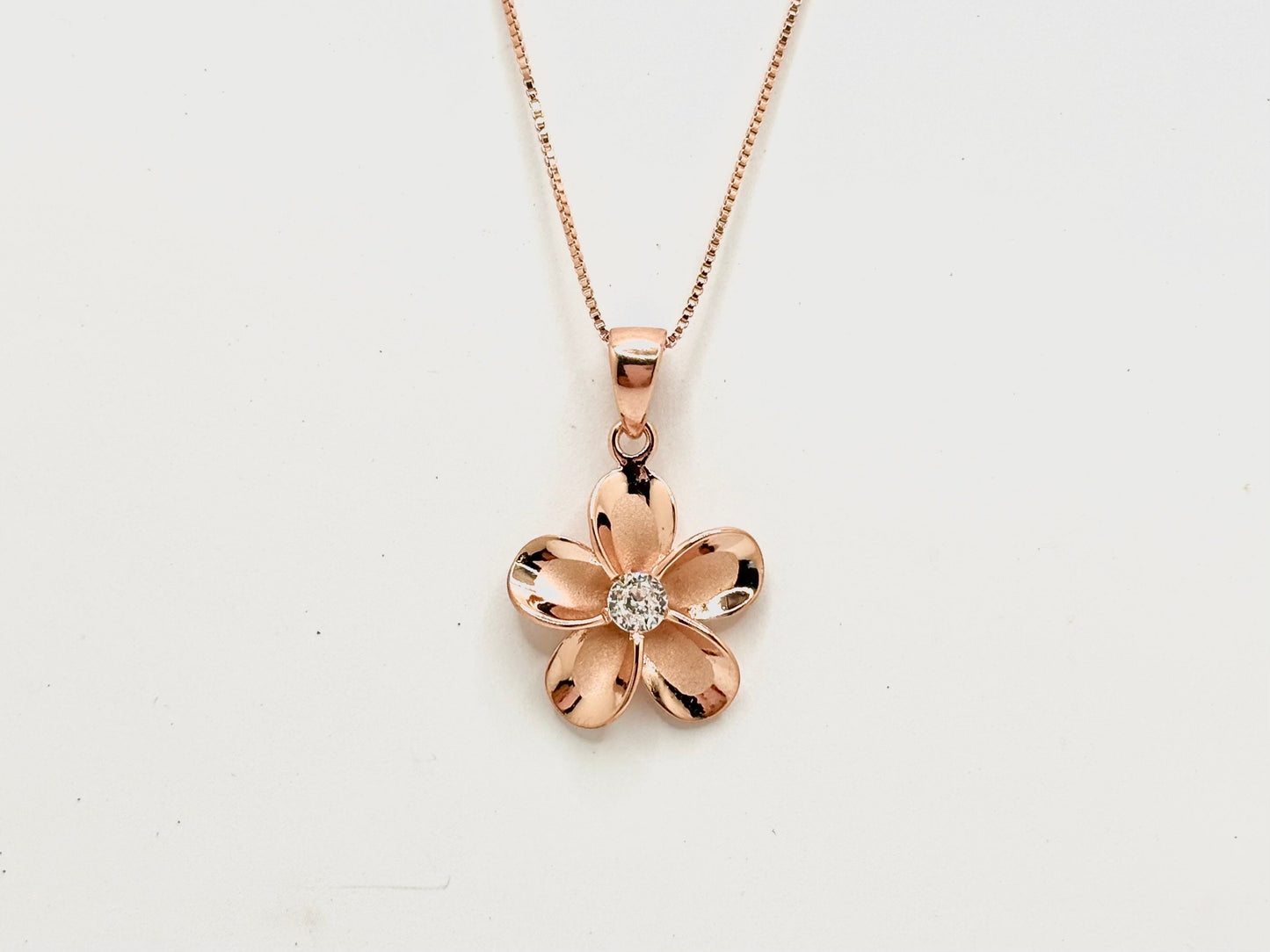 Hawaiian Plumeria Flower Necklace 14K Rose Gold Plated Waterproof 925 Sterling Silver with Chain Birthday Gift for Her Wife, Mom, Girlfriend
