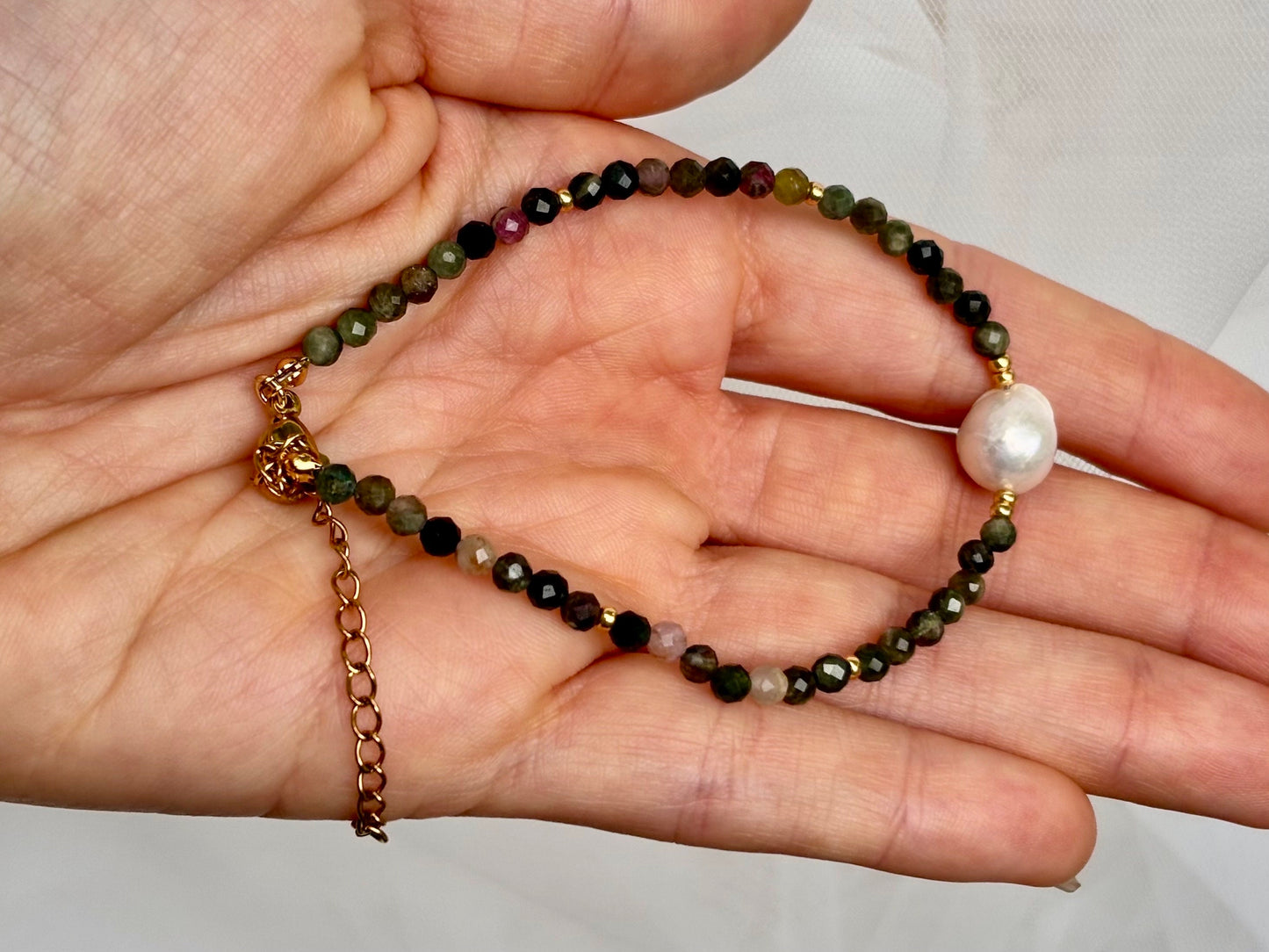 Healing Crystal Birthstone October Bracelet Genuine Freshwater White Pearl Rainbow Tourmaline Bracelet Adjustable Tarnish Free Gift For Her