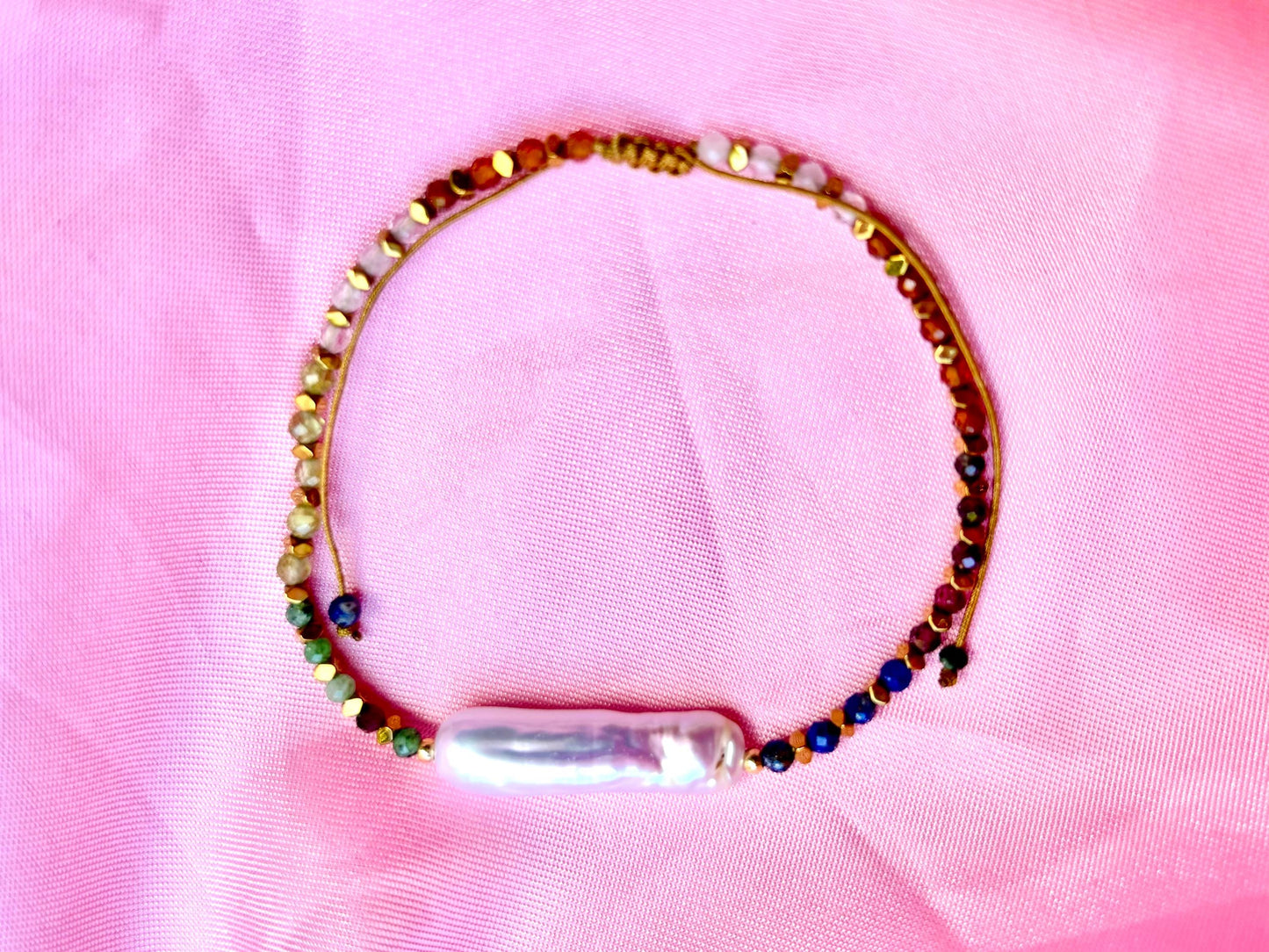 Rainbow Tourmaline Chakra Bracelet Genuine Natural Freshwater White Pearl Bracelet, Adjustable Gold Stainless Steel Birthday Gift for Her