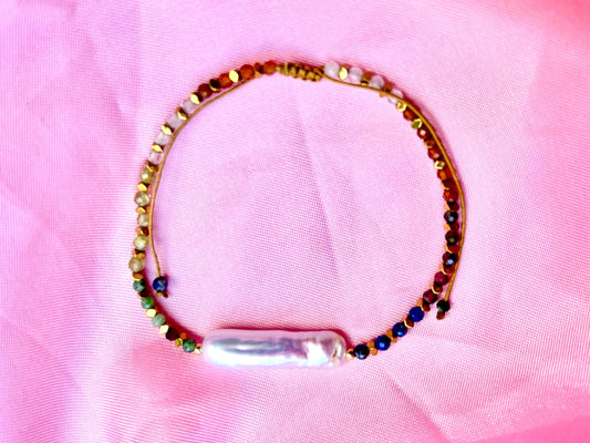 Rainbow Tourmaline Chakra Bracelet Genuine Natural Freshwater White Pearl Bracelet, Adjustable Gold Stainless Steel Birthday Gift for Her