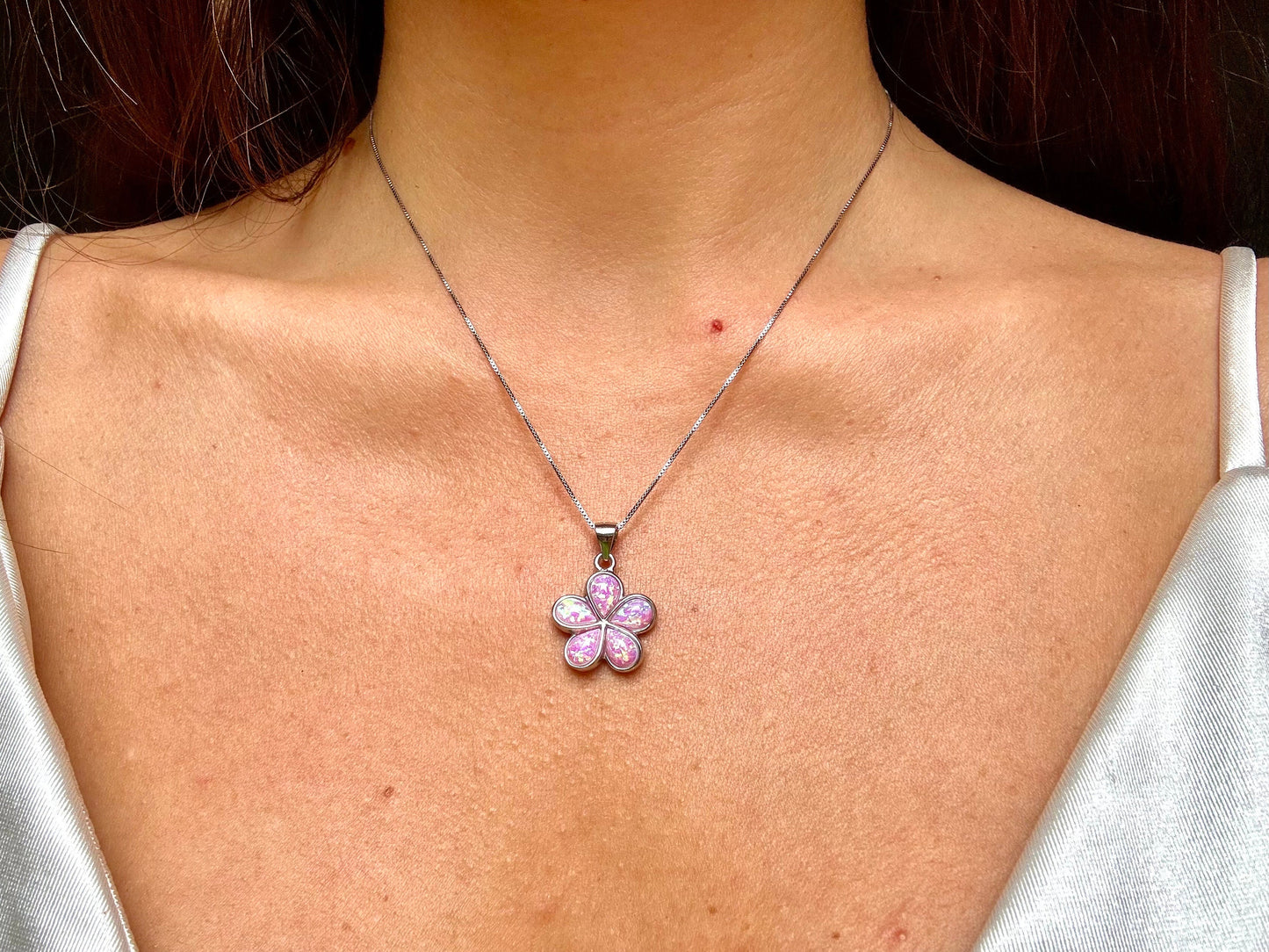 Hawaiian Plumeria Flower Necklace 925 Sterling Silver Tarnish Free Girly Pink Opal Necklace With Chain Birthday Gift For Her Dainty Necklace