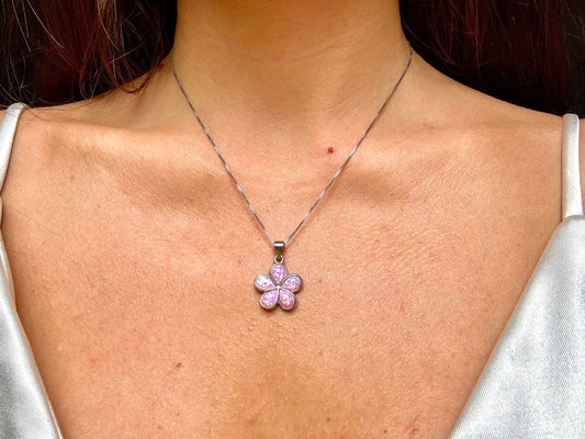 Plumeria Flower Necklace – Sterling Silver Pendant With Pink Opal Jewelry Gift, gift for her – handmade Hawaiian jewelry, Island Goddess Jewelry