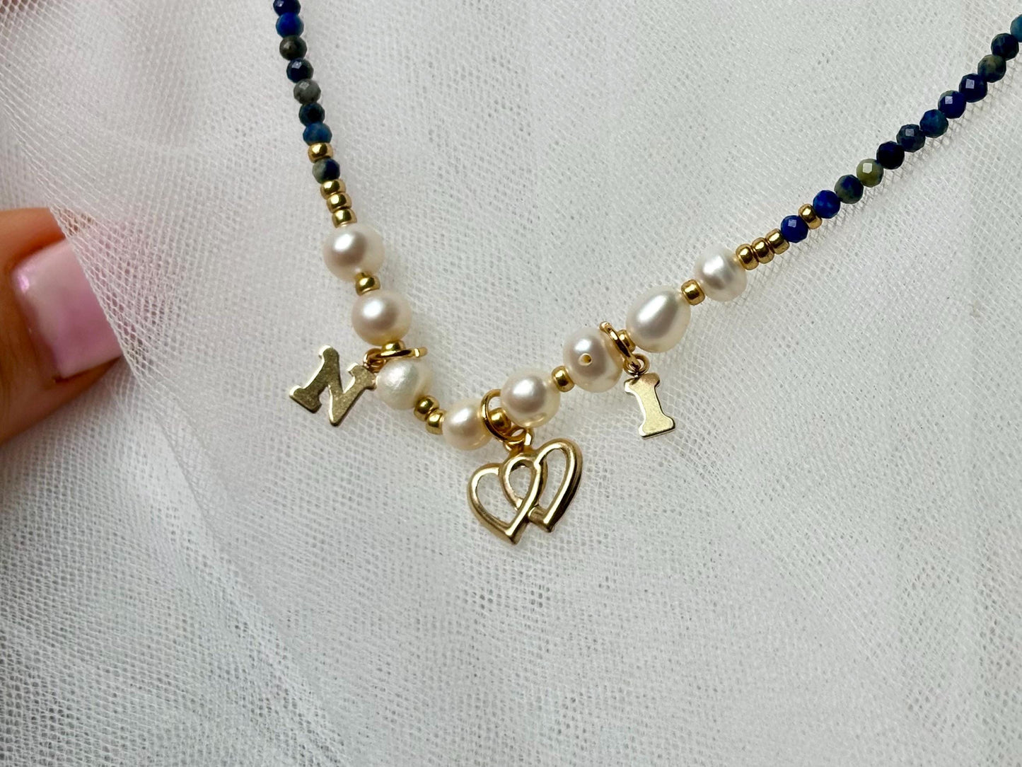 Customized Couple Necklace Genuine Lapis Lazuli  Natural Freshwater White Pearl Stainless Steel Gold romantic gift for girlfriend wife lover