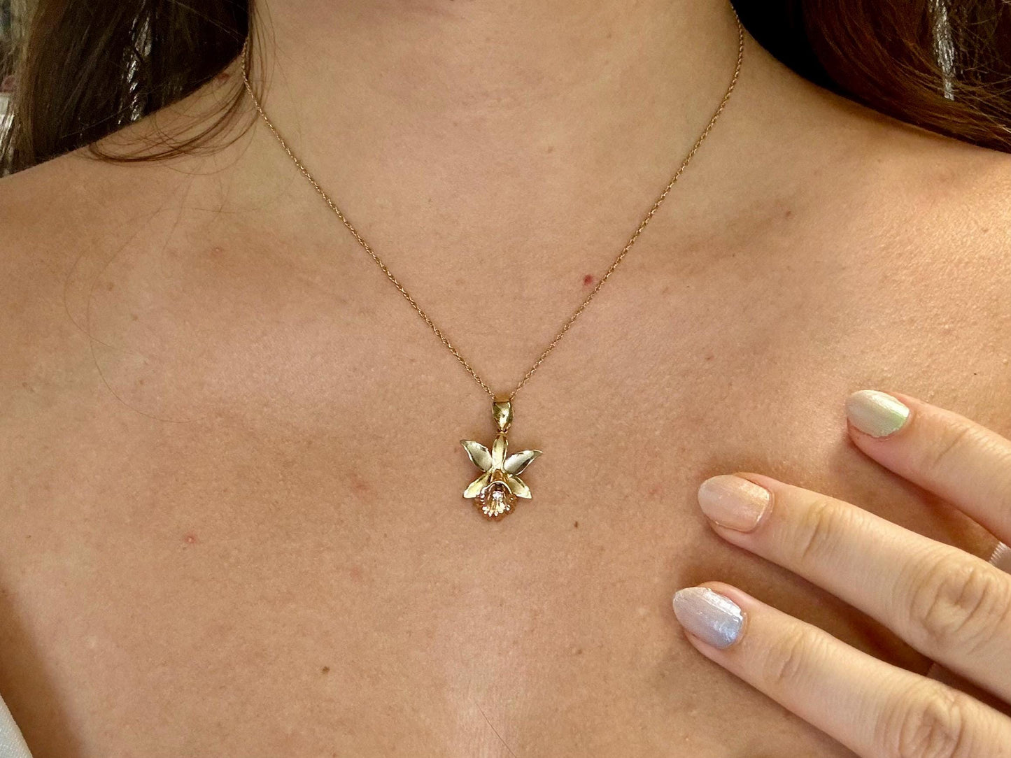 14K Solid Gold Orchid Pendant with 0.2 ct Diamond Flower Pendant Orchid Necklace Gold Pendant Birthday Gift for her for Mom Flower Necklace
