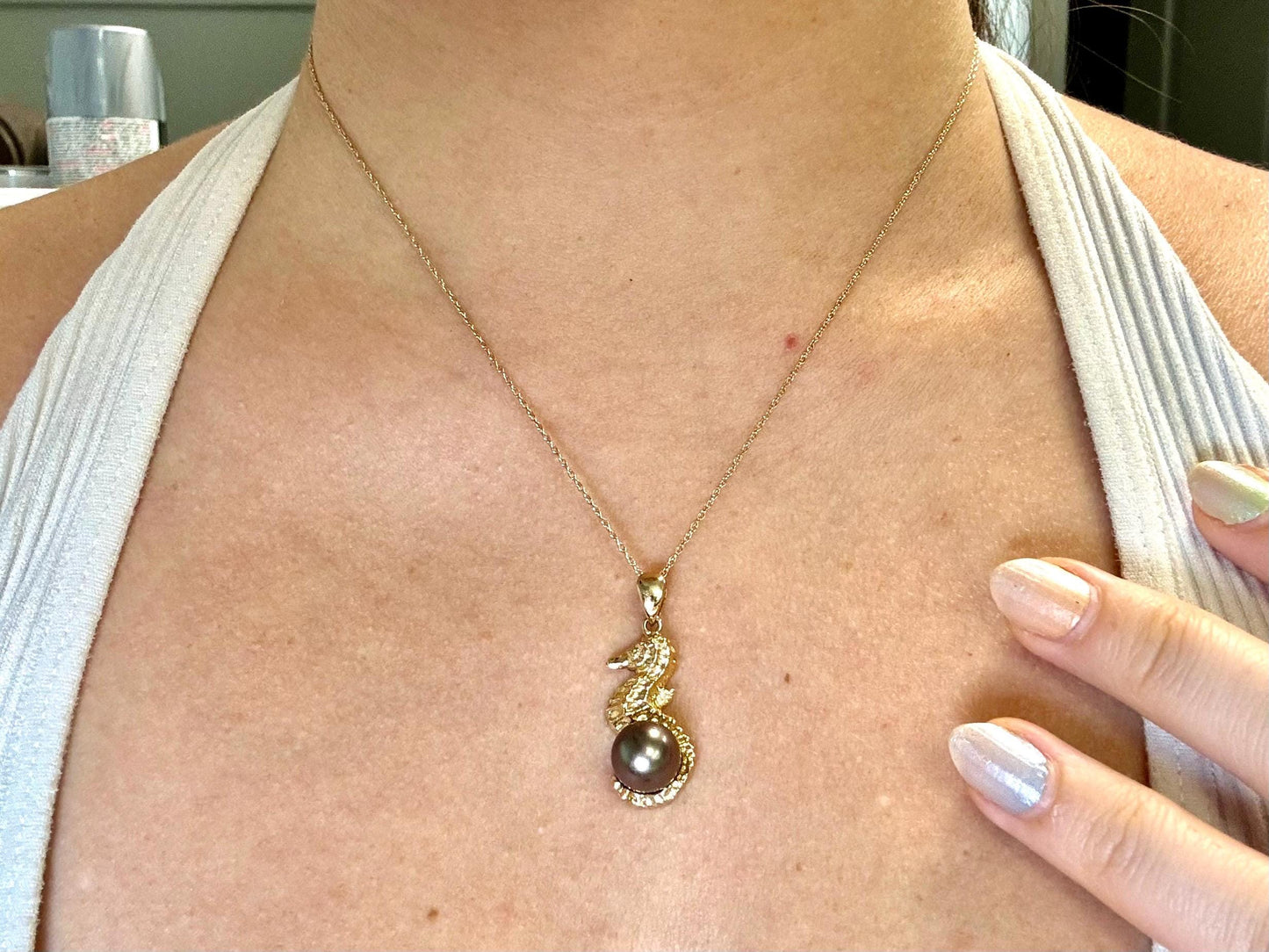 14K Solid Gold Tahitian Pearl Necklace Seahorse Pendant Black Pearl Pendant Seahorse Necklace Birthday Gift For Her Gold Pendant