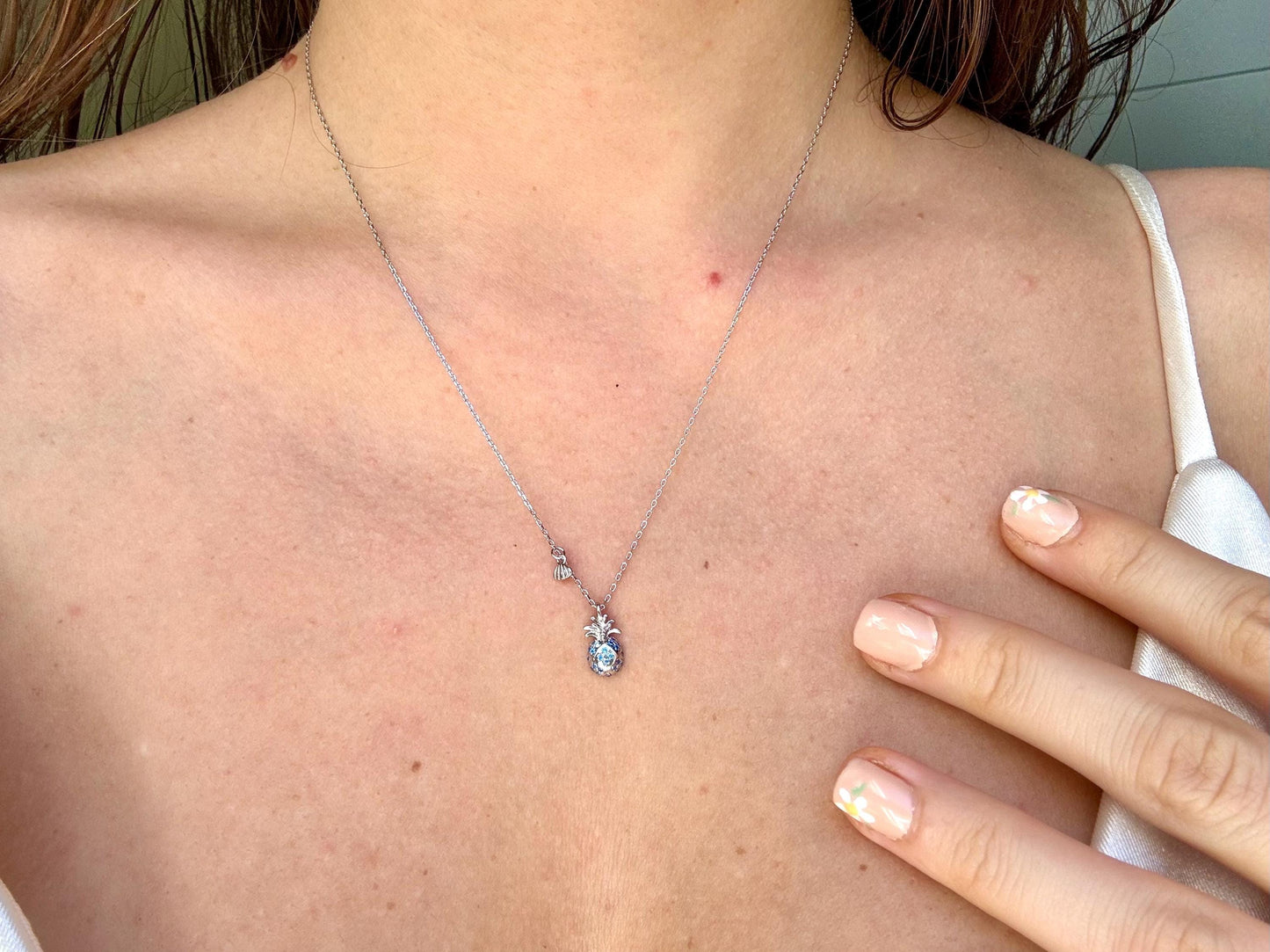 Hawaiian Pineapple Necklace With Shell Charm 925 Sterling Silver Waterproof Blue Topaz Necklace Birthday Gift for Her Gift For Mom