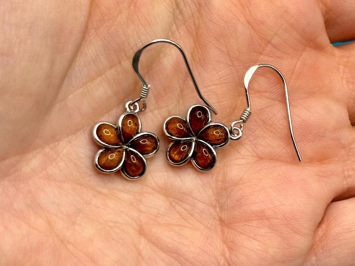 Koa Wood Plumeria Earrings, Hawaiian Sterling Silver Dangle Gift, ball, chain, nontarnish – handmade Hawaiian jewelry, Island Goddess Jewelry