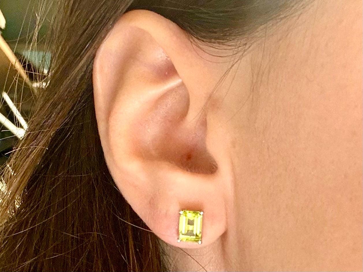 14K Gold Green Earrings Peridot Earrings Peridot Studs Princess Cut Hawaiian Diamond Peles Tears - Birthday Gift for Her Gift For Mom