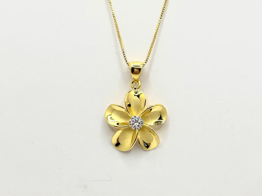 Hawaiian Plumeria Flower Necklace 14K Gold Plated Sterling Silver with Sparkling CZ Stone Romantic Jewelry Gift for her Wife, Mom Girlfriend