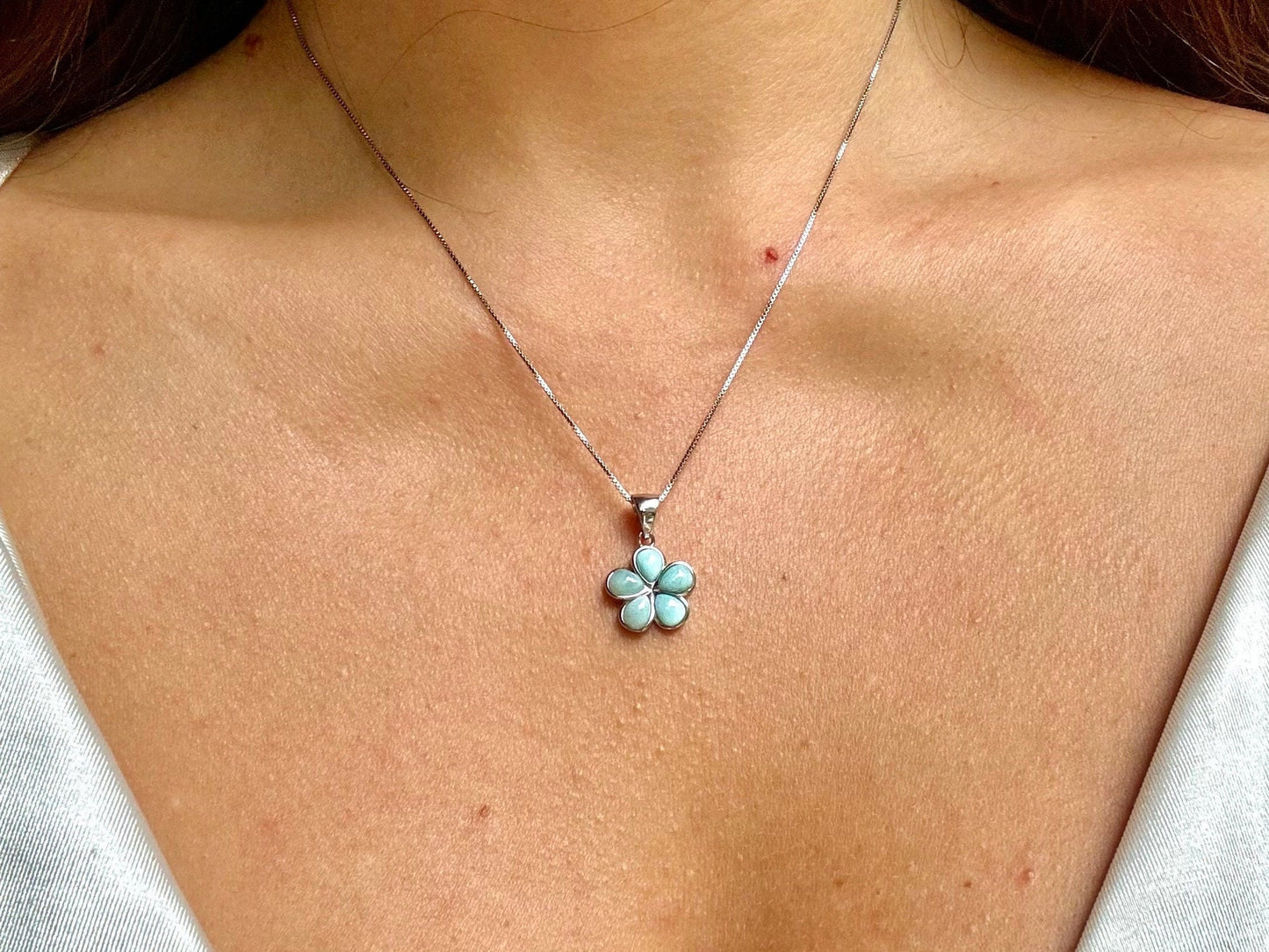 Hawaiian Plumeria Flower 925 Sterling Silver Tarnish Free blue Larimar ocean Necklace and chain Gift Wife daugther Mom Girlfriend sister
