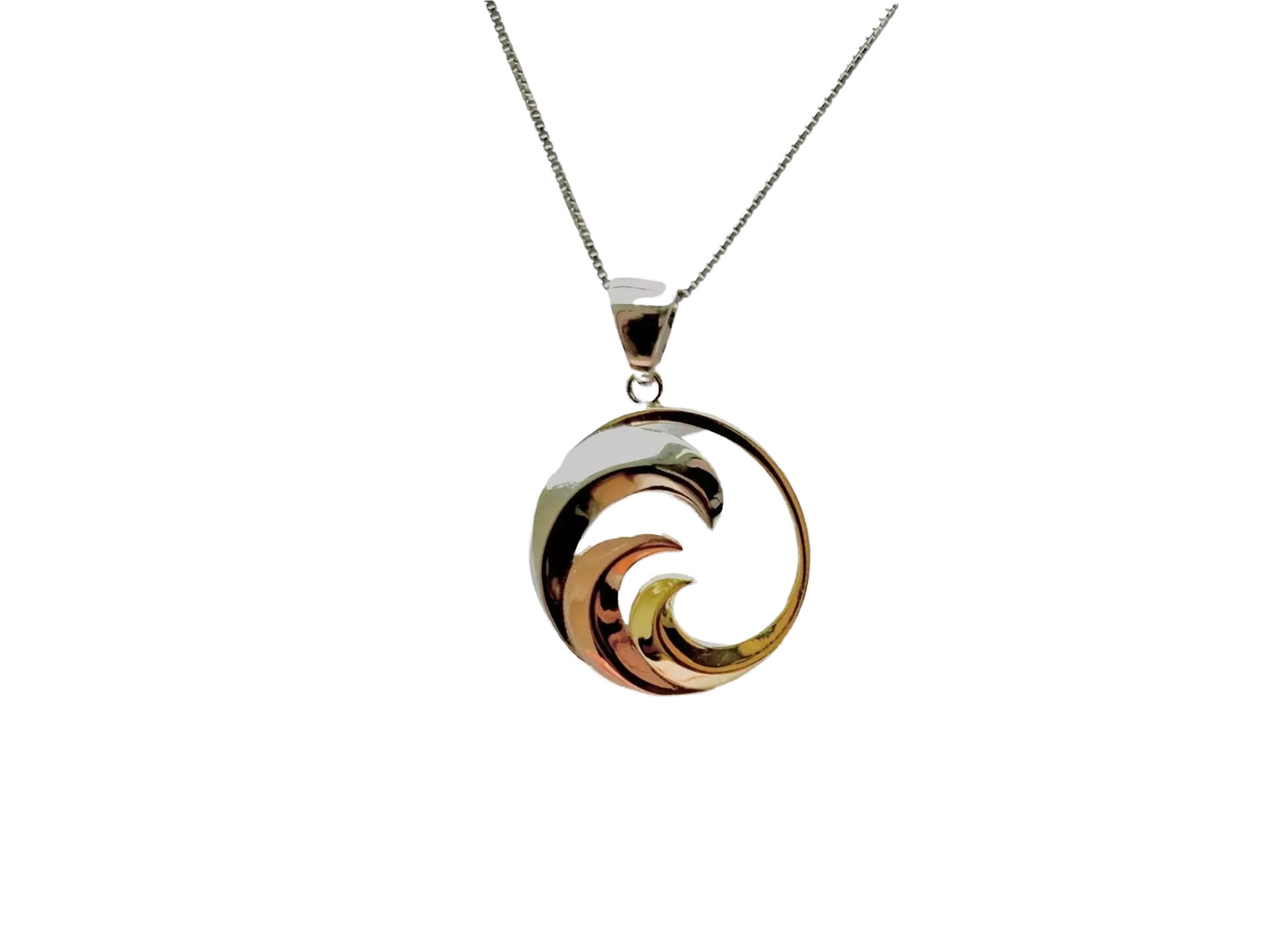 A pendant necklace with a circular design featuring a wave-like pattern in various colors.
