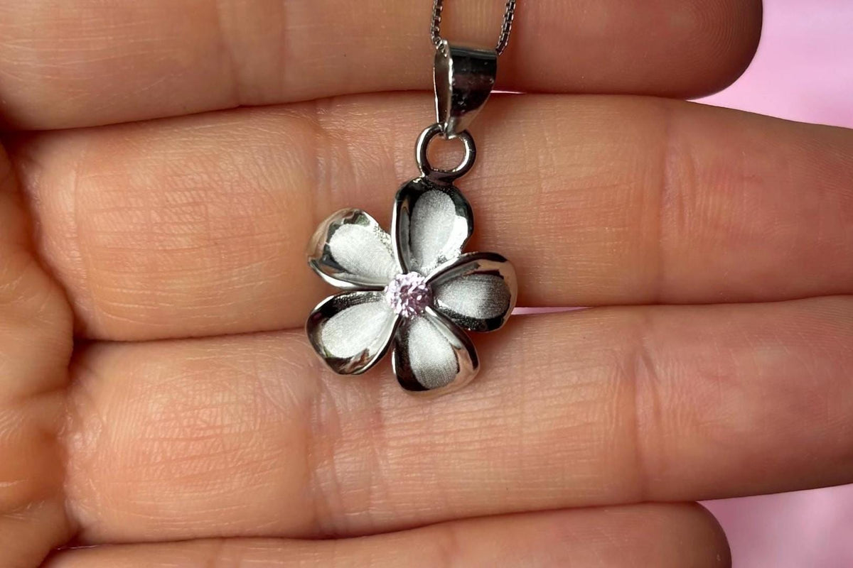 Plumeria Flower Necklace, Pink Cubic Zirconia, 925 Sterling Silver