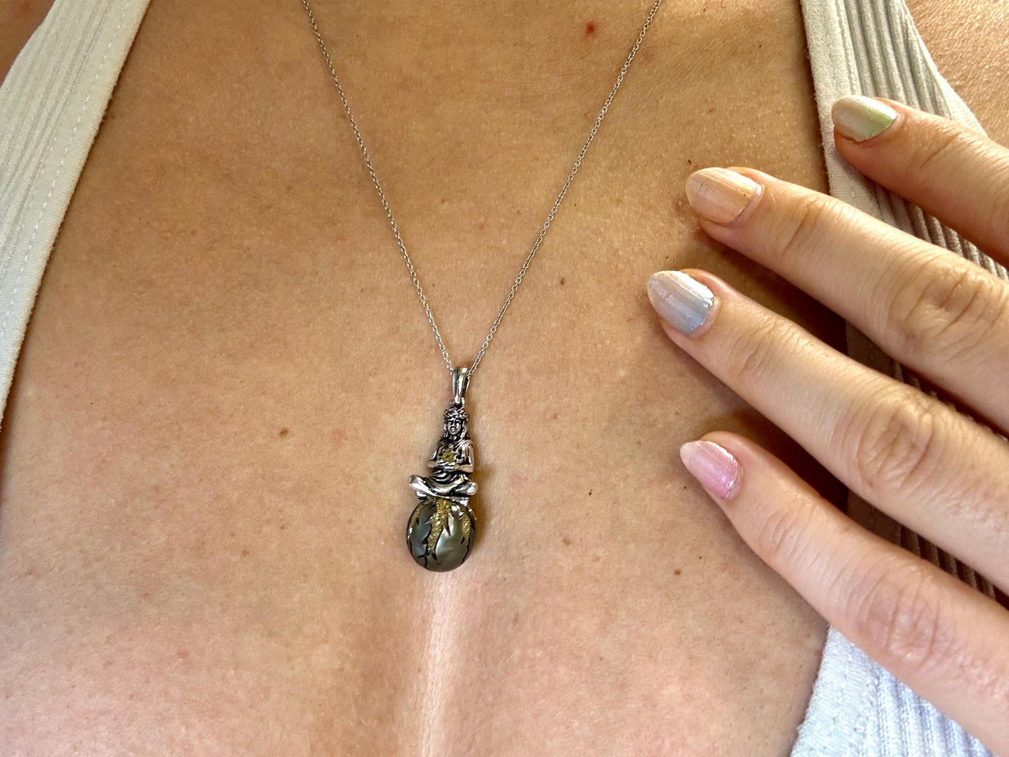 Tahitian Pearl Necklace With Chain 925 Sterling Silver Pele Necklace Volcano Goddess of Hawaii with Yellow Diamonds Birthday Gift for Her