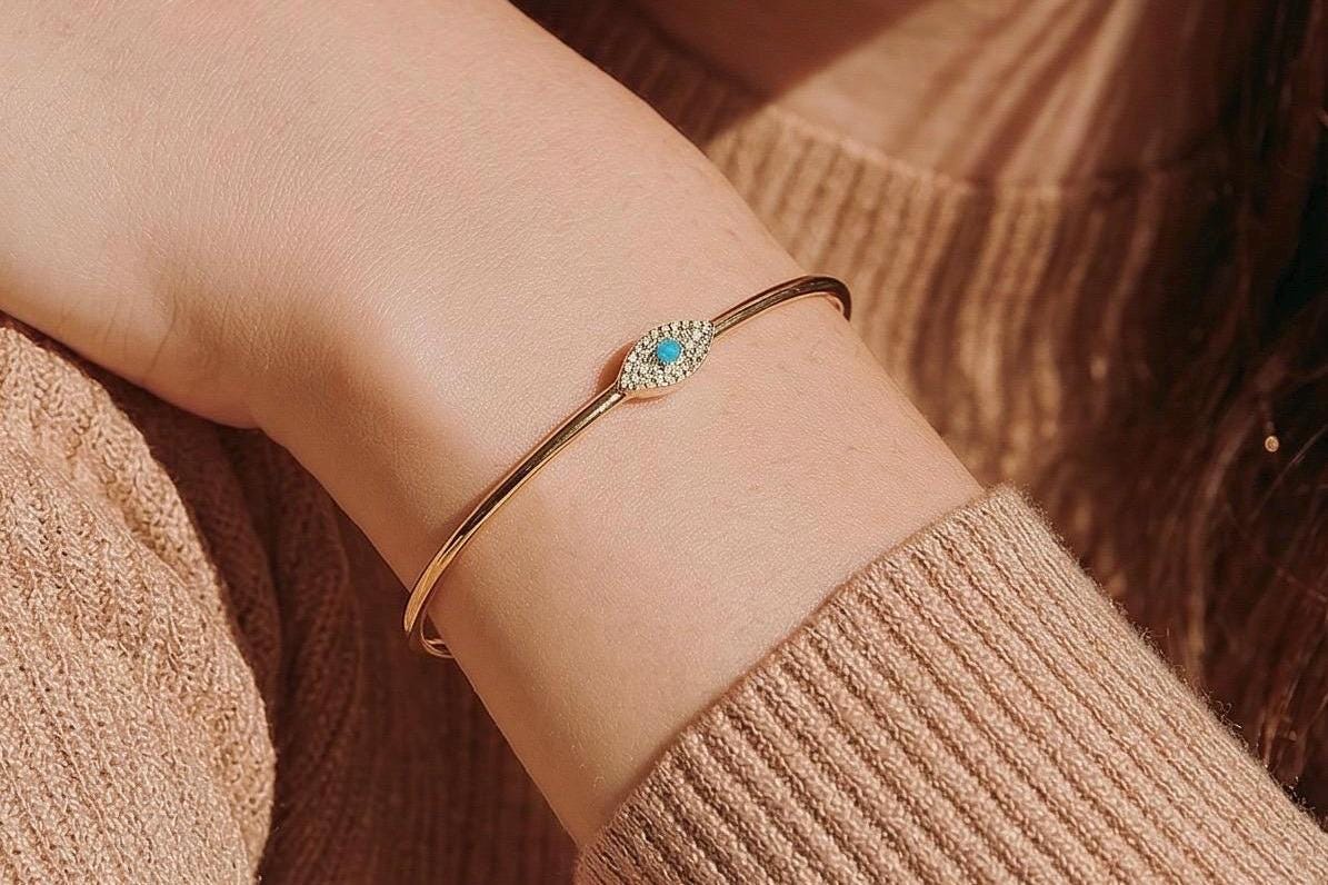 Evil Eye Bracelet – Adjustable Gold Plated Stackable Protection Jewelry with CZ Charm