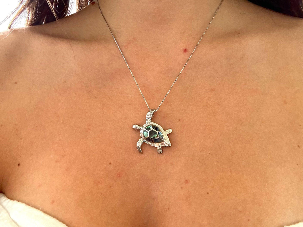 Abalone Turtle Necklace, Hawaiian 925 Silver Rhodium Honu Pendant, flower, gift, nontarnish – handmade Hawaiian jewelry, Island Goddess Jewelry