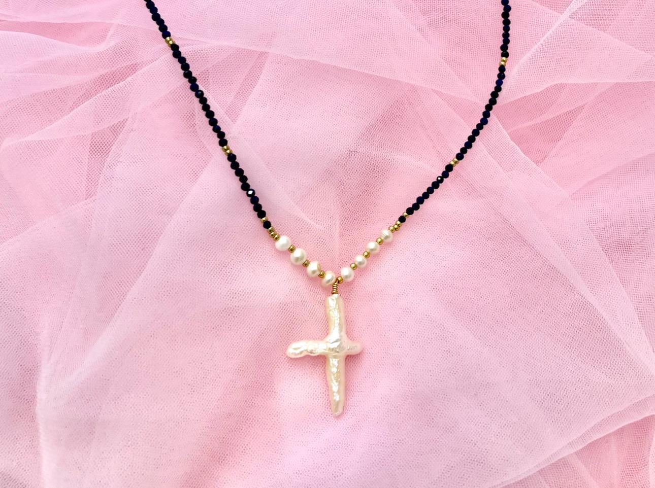 Cross Pearl Necklace December Birth Stone Necklace Freshwater White Pearl Lapis Lazuli Necklace Adjustable Tarnish Free Gift For Her