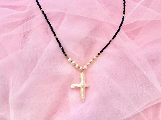 Cross Pearl Necklace December Birth Stone Necklace Freshwater White Pearl Lapis Lazuli Necklace Adjustable Tarnish Free Gift For Her