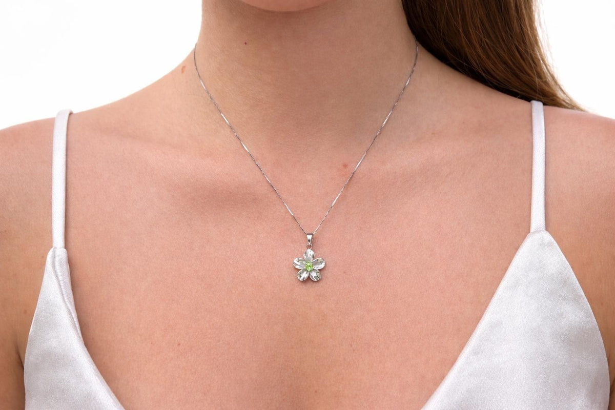 Plumeria Flower Necklace, Peridot, 925 Sterling Silver, Tarnish Free, gift for her, mothers day gift, gift for mom – handmade Hawaiian jewelry, Island Goddess Jewelry