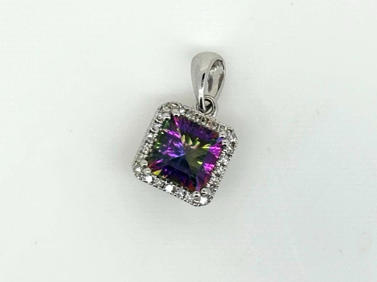 Mystic Topaz Diamond Pendant 14K White Gold 1.28 Carat - Rainbow Necklace, Dainty Necklace Charm , Birthday Gift for Her Gift For Mom