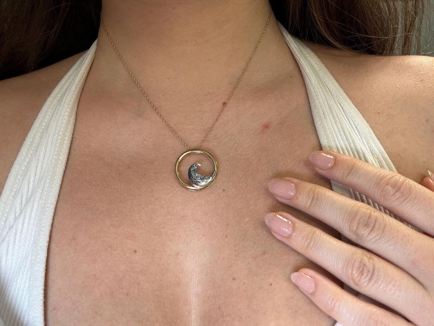 Eternal Wave of Aloha Necklace -14K Two-Tone Gold Blue Diamond Wave Pendant