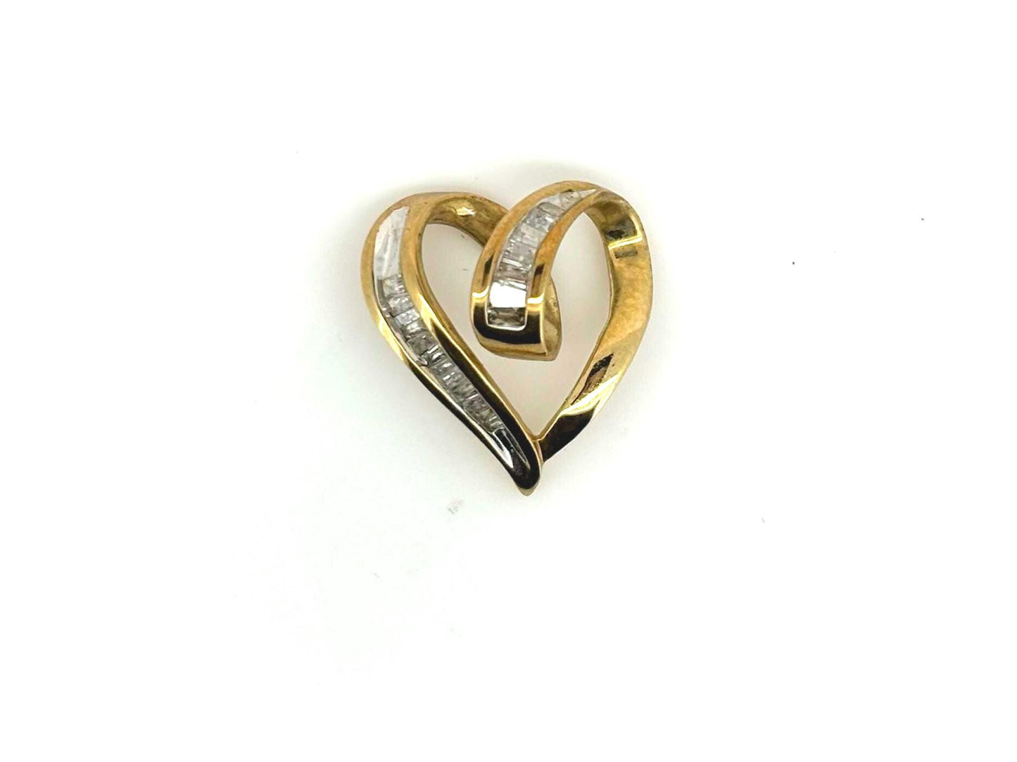 10K Yellow Gold Heart Pendant, Baguette Diamond Slide Necklace, Dainty Gold Heart Necklace Minimalist Diamond Pendant, Romantic Gift for Her